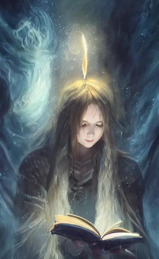 Image similar to a girl from final fantasy live action, holding a book and casting a spell, evocative, mystical night, very very very very detailed, award winning, masterpiece digital painting by greg rutkowski, alex grey, artstation, 4 k wallpaper