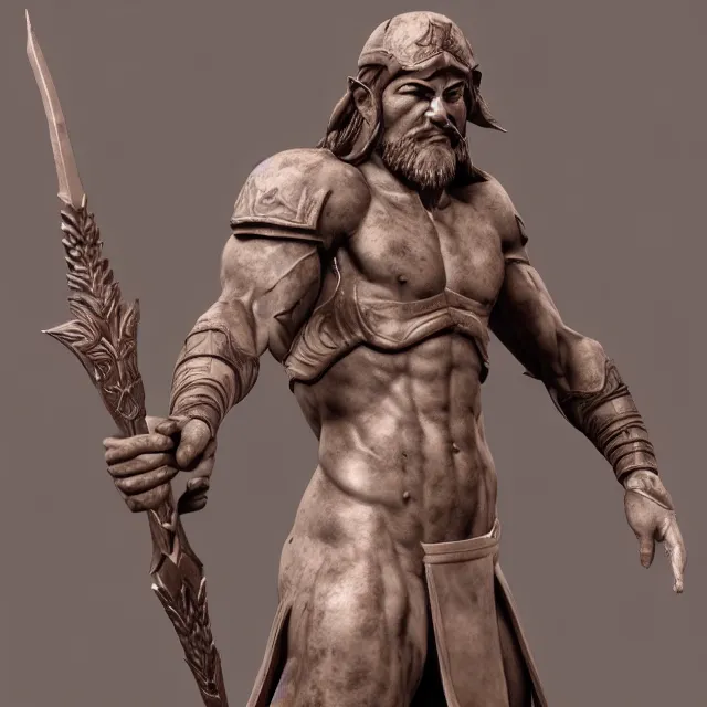 Image similar to marble sculpture of a warrior elf man, realistic, unreal engine render, octane render, hyper realistic, photo, 8 k, cinematic lighting