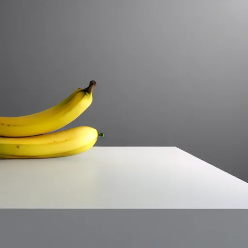 Image similar to render of one banana sitting on a white table, minimalism, octane render, hyperrealistic,