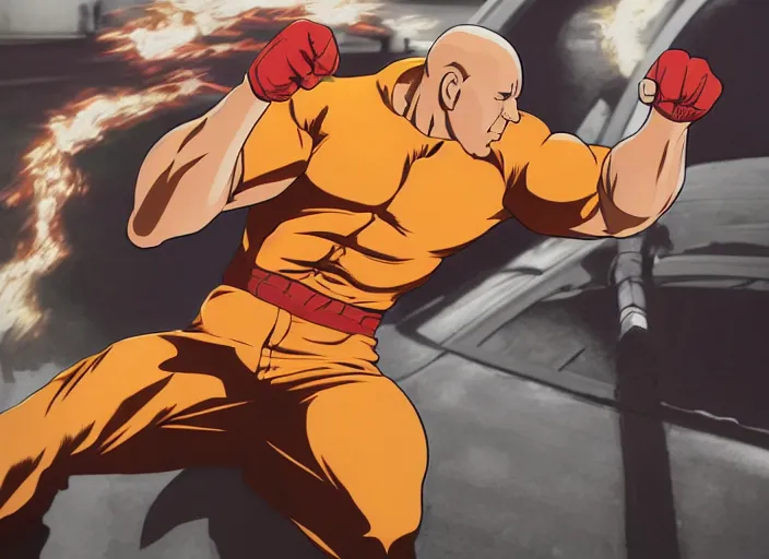 Prompt: vin diesel as saitama!!! punching a car, hyperrealism, trending on artstation