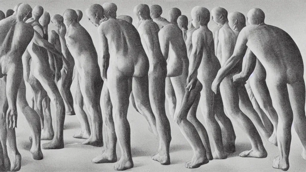 Image similar to A vintage scientific illustration from the 1970s of humans forming a cavern with their bodies by René Magritte