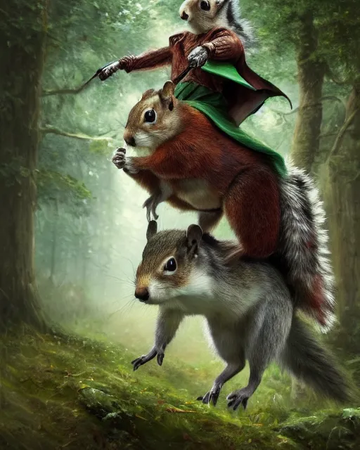 Image similar to oil painting of Anthropomorphized Squirrel warrior riding Badger, wearing green cloak, wearing war paint, sharp focus, fantasy style, octane render, volumetric lighting, 8k high definition, by greg rutkowski, highly detailed, trending on art Station, magic the gathering artwork, magical forest backround, centered