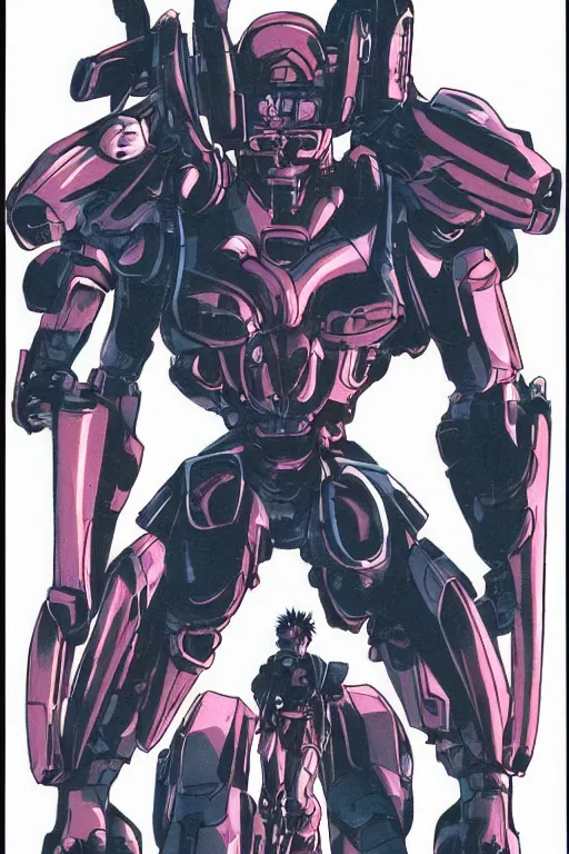Image similar to boomer from bubblegum crisis at dusk, a color illustration by by tsutomu nihei and tetsuo hara