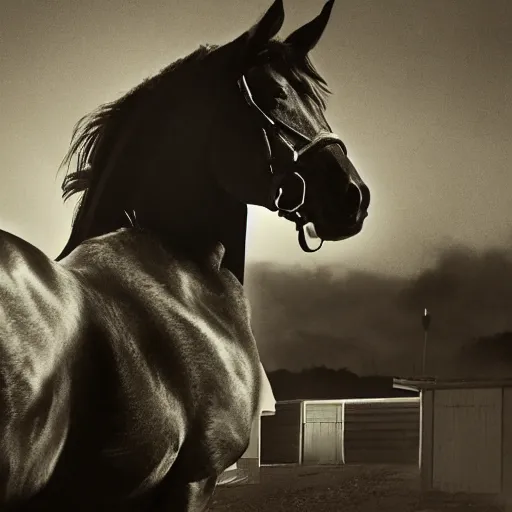 Image similar to noire detective shot with 4k dslr camera of a horse detective. My home used to be stable, now lifes gone to trott. Donkey in a trenchcoat smoking acigar. MDMHay infused darkroom darkengine shot by netflix, high budget, cgi by james gunn.