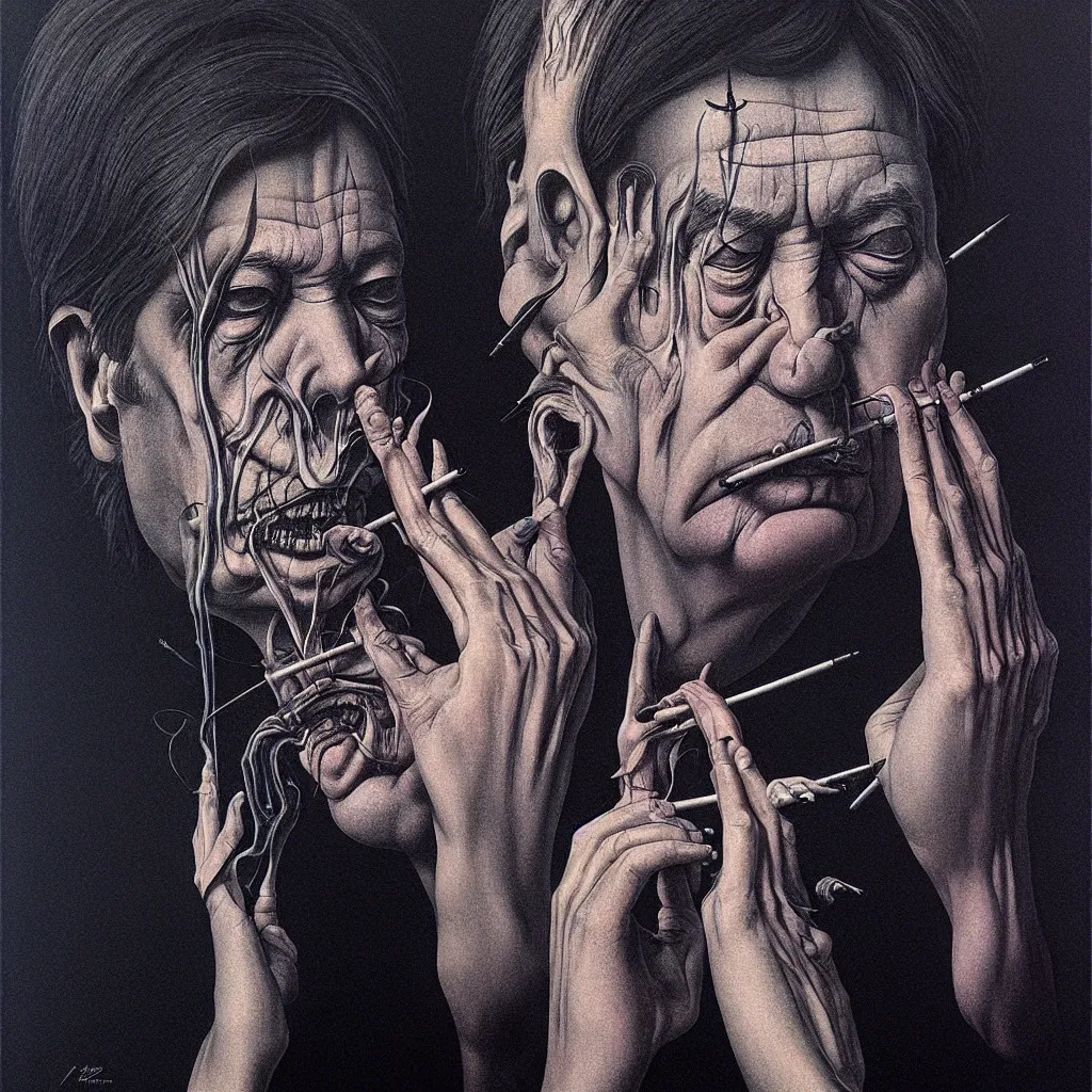 Image similar to portrait of bill hicks smoking in the style of hans giger, alex grey, lynchian atmosphere, film noir, concept art, art by kuvshinov ilya and zdislav beksinski and wayne barlowe