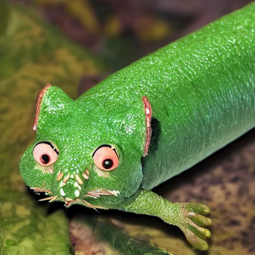 Image similar to long green Sausage with eyes and fangs and with scales