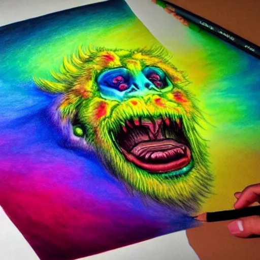 Prompt: hyperrealistic drawing of a monster made of rainbows, terrifying, beautiful, cringe, high detail