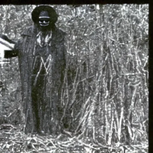 Image similar to cctv security cam grainy unfocused of baron samedi in an overgrown graveyard