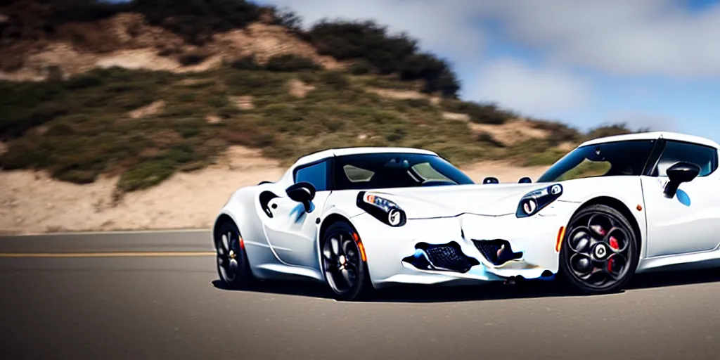 Image similar to photograph, 2015 Alfa Romeo 4C, cinematic, PCH, california coast, 8k, depth of field, bokeh.