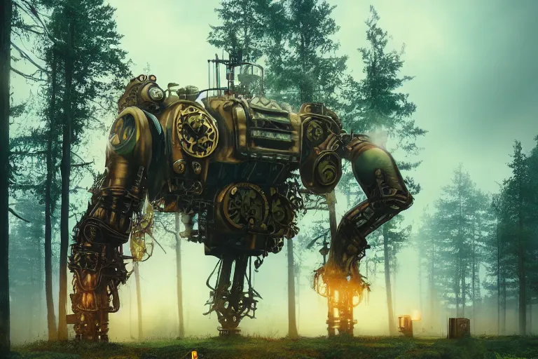 Prompt: steampunk colossal mech standing in a swedish forest, very low angle photograph, simple, brass plates, trending on artstation, realistic, soft colors, simon stålenhag