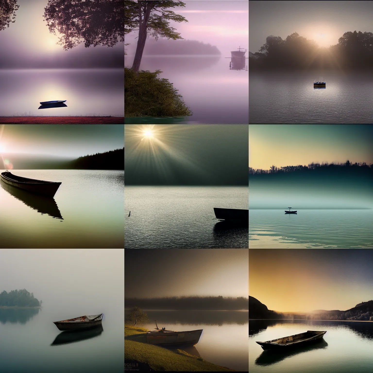 Prompt: landscape with boat on a lake, surrealism, beautiful light, HDR, hazy, foggy, atmospheric perspective, volumetric fog, cinematic, 70mm lens, anamorphic lens flare, photographic, cinematography by roger deakins, in the style of ansel adams, low details,