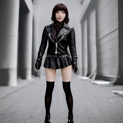 Image similar to a dynamic, epic cinematic 8K HD movie shot of a japanese beautiful cute young J-Pop idol actress yakuza rock star girl wearing leather jacket, miniskirt, nylon tights, high heels boots, gloves and jewelry. Motion, VFX, Inspirational arthouse, at Behance