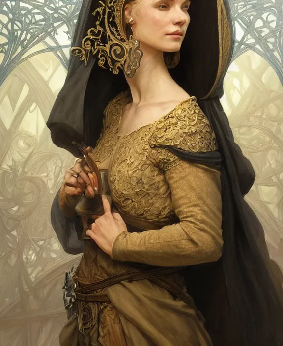 Image similar to portrait of a medieval woman, half body, d & d, fantasy, intricate, elegant, highly detailed, digital painting, artstation, concept art, art by artgerm and greg rutkowski and alphonse mucha, boris vallejo