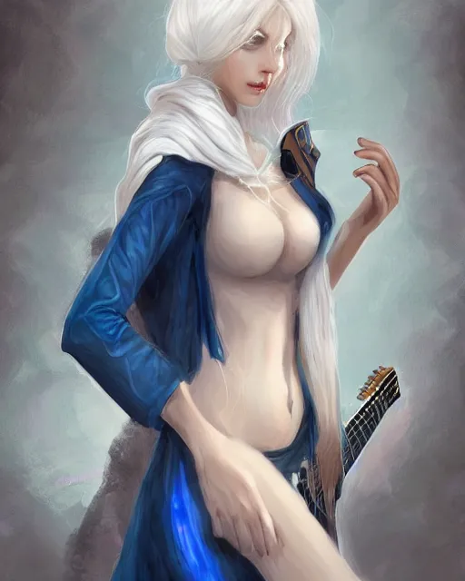 Image similar to A beautiful mysterious girl with hooded cobalt-blue eyes and silky white hair, guitar shape build, her wardrobe is attractive, full body, fantasy art, in the style of Frank Neidhardt, illustration, epic art, fantasy, intricate, elgant, amazing detail, digital painting, artstation, concept art, smooth, sharp focus