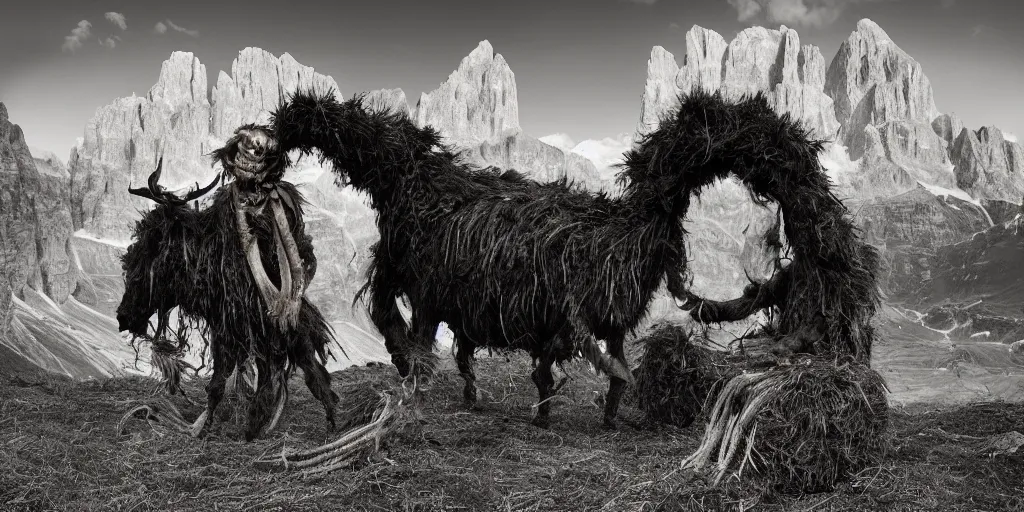 Image similar to historical sharp 4 k photograph of a tyrolean farmer turning into a krampus hay monster with goathorns and roots growing from his face, dolomites in the background, dark, eerie, grainy