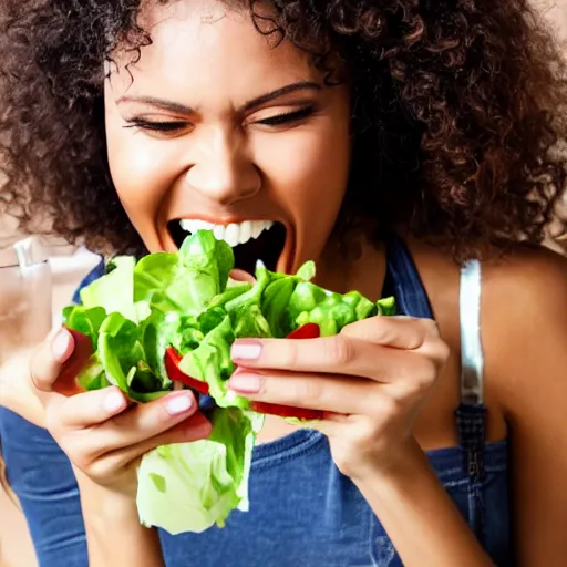 Prompt: Stock photo of woman eating salad with spork and laughing