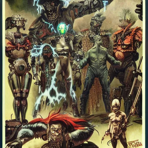 Image similar to techno shamans, telepaths, dieselpunk cyborgs, masked heroes, irradiated humans, mystic mutates and monster hunters by frazetta