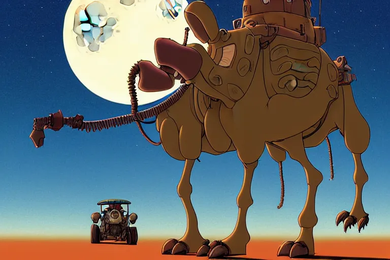 Image similar to a cell shaded cartoon of a lovecraftian mechanized camel from howl's moving castle ( 2 0 0 4 ), on a desert road, in front of a full moon, full body, wide shot, very muted colors, post grunge, studio ghibli, laurie greasley, highly detailed, deviantart, art by artgem