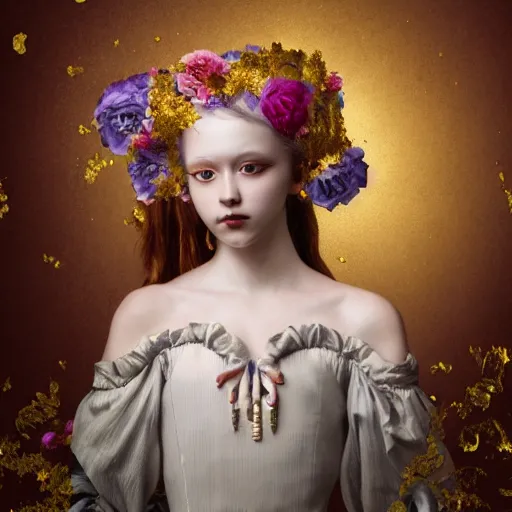 Image similar to 8k, octane render, realism, tonalism, renaissance, rococo, baroque, portrait of a young lady wearing long harajuku manga dress with flowers and skulls, background chaotic gold leaf flowers