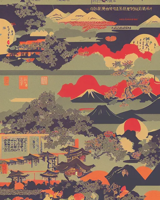 Image similar to highly creative award winning poster art collage to promote a TV series about discovering the wonders of the Japanese countryside, risograph