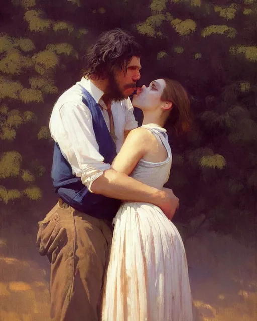 Image similar to a guy and a girl kissing, art by greg rutkowski, gustave courbet, rosa bonheur, edward hopper. faithfully depicted facial expression, perfect anatomy, sharp focus, global illumination, radiant light, detailed and intricate environment, trending on artstation