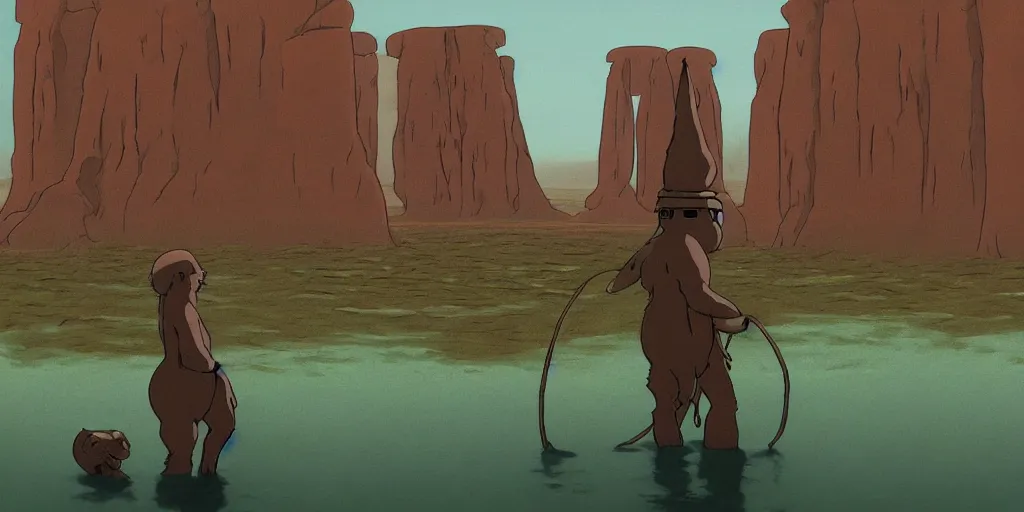 Image similar to a realistic cell - shaded studio ghibli concept art from paprika ( 2 0 0 6 ) of a hairless ape from close encounters of the third kind ( 1 9 7 7 ) in a flooded monument valley stonehenge. very dull colors, wide shot, hd, 4 k, hq