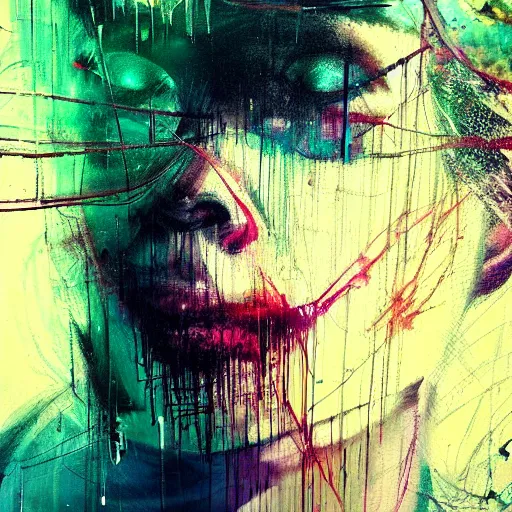 Image similar to i live in cyber dreams, glitchcore wires, machines, by jeremy mann, francis bacon and agnes cecile, and dave mckean ink drips, paint smears, digital glitches glitchart