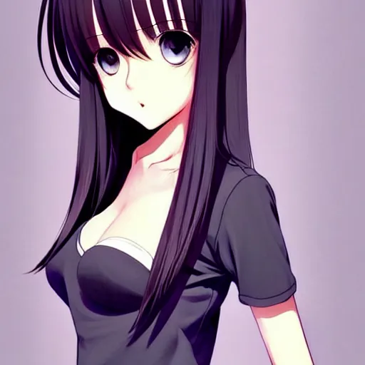 Prompt: attractive elegant sophisticated reservedyoung woman, slim figure, perfect silky straight hair, smooth tan skin, dark circles under bemused eyes, hip emo fashion, tshirt!!, shorts!!, illustrated for newtype magazine!! by range murata!!!, pinterest, very interesting digital painting, beautiful portrait!!!