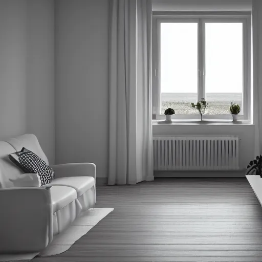 Prompt: minimalist interior design, scandinavia style, living room with window facing the sea and sun, photorealistic, ultra - detailed, 4 k high resolution, hdr shot, unreal engine rendering 4 k