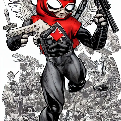 Prompt: A baby Cherub angel, wearing a ski mask, holding an ak47, marvel comics, dark, intricate, highly detailed, smooth, artstation, digital illustration by Mark Bagley and Adam Kubert