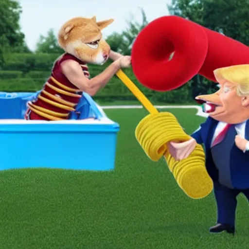 Image similar to donald trump fighting a furry using pool noodles, photo realistic