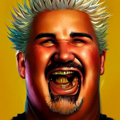 Prompt: a beautiful portrait of guy fieri with no teeth, toothless, gums!!! by greg rutkowski and bill sienkiewicz trending on artstation