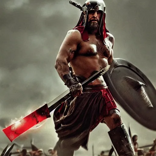 Image similar to “Leónidas king from 300 Spartans zack Snyder attacks in battle with spear epic dark background artwork intricate low angle wearing torn spartan helmet with red crest broom”