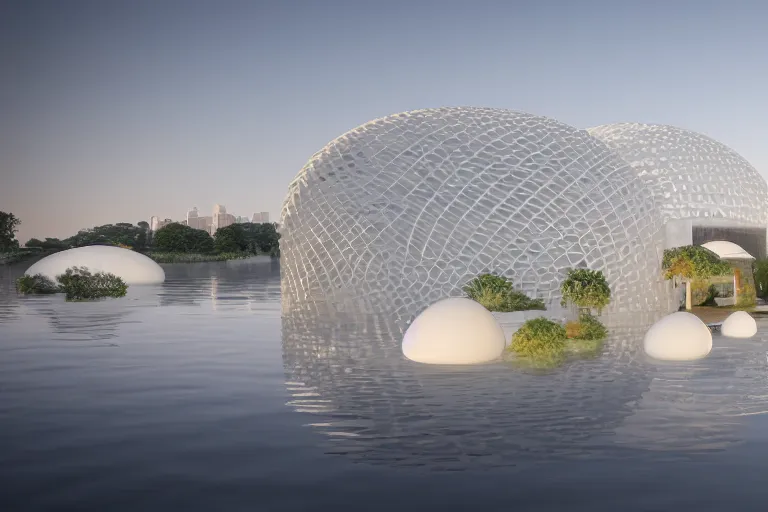 Prompt: a building composed of many white spherical egg shaped circular spaces and boolean combinations stacked together. on the calm lake, people's perspective modern curved architecture, future, wood, marble, metal award winning, highly detailed 4 k art, dusk, unreal engine highly rendered, global illumination, radial light, internal environment by kazuyo sejima