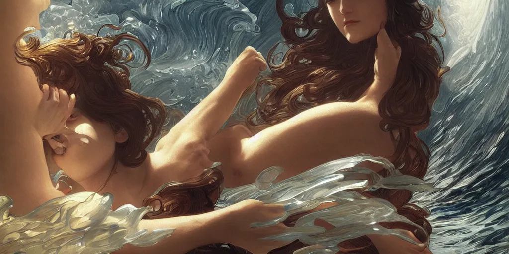 Image similar to inside the curl of a wave, highly detailed, digital painting, artstation, concept art, smooth, sharp focus, illustration, ArtStation, art by artgerm and greg rutkowski and alphonse mucha and J. C. Leyendecker and Edmund Blair Leighton and Charlie Bowater