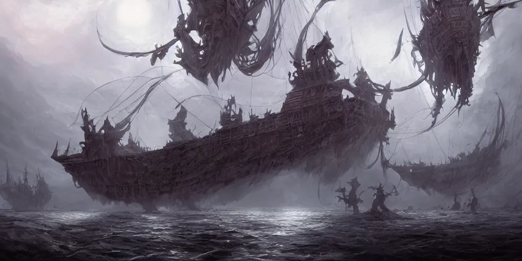 Prompt: D&D fighting ghosts wraiths specters spirits on ship lower deck, dark fantasy, intricate, highly detailed, digital painting, artstation, concept art, smooth, sharp focus, great composition, illustration, wide angle shot, full body visible, art by Greg Rutkowski, trending on artstation