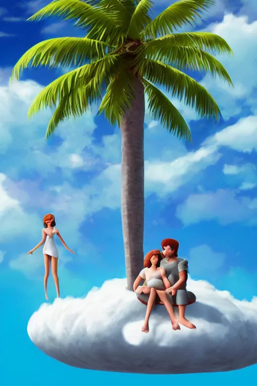 Prompt: conceptual art of one loving couple sitting on a cloud with palms, high in the sky above a paradisiac ocean, mattepainting concept pixar maya engine on stylized background global illumination lighting artstation