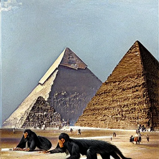 Image similar to chimpanzees building the great pyramid of giza, painting by hans glaser,