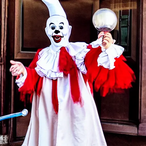 Image similar to pennywise dressed as pulcinella