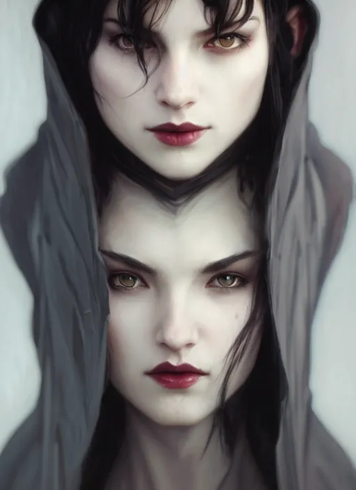 Image similar to long face, sharp features, girl, portrait, devil smile, grey eyes, black hair, dark cloak, dnd, art by artgerm and greg rutkowski and alphonse mucha, trending on artstation, cinematic light, pastel colors, volumetric shading, high radiosity dull skin, global illumination, radiant light, soft light, soft color dodge, subsurface scattering