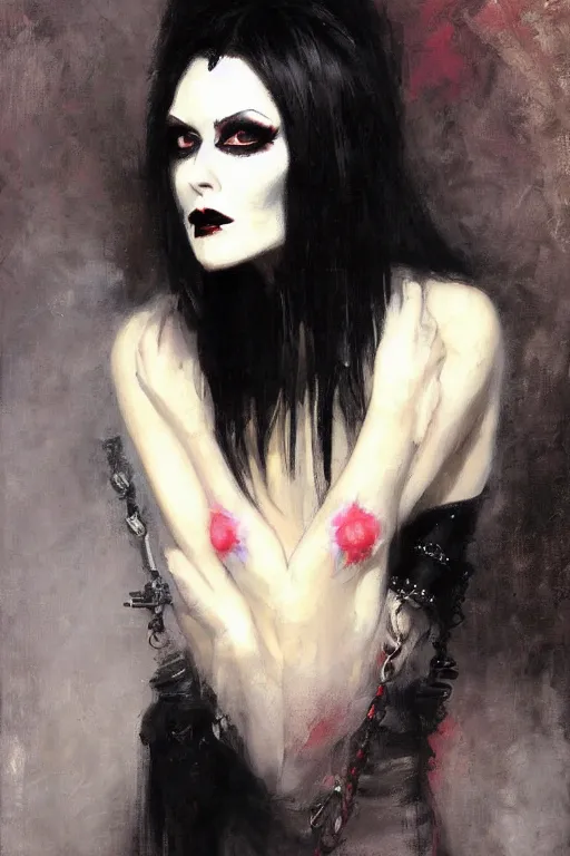 Image similar to Richard Schmid and Jeremy Lipking and Antonio Rotta full length portrait painting of a young beautiful goth punk rock vampire priestess Elvira Mistress of the Dark woman