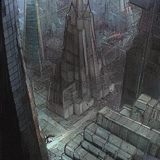 Prompt: “The plaza around the base of the megabuilding was being patrolled by Battletech. The tower was made of solid black metal and stone. POV looking up at tower. Anime background artwork in the style of Akira. 2077 photo mode by Marc Simonetti, artwork by Ted Nasmith, Ted Nasmith and Marc Simonetti, 8K, D&D concept art, 2077 wallpaper”