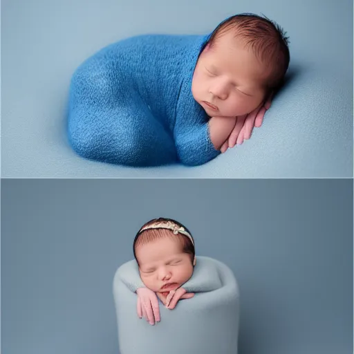 Image similar to beautiful photography of newborn, blue colors, hyper realistic, 8 0 mm, studio lighting