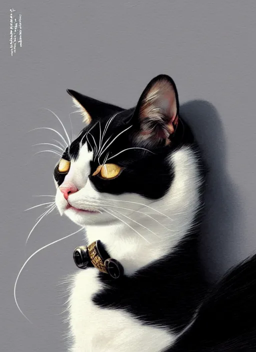 Image similar to cute tuxedo cat sleeping, intricate, elegant, hyper detailed, ultra definition, photoreal, artstation, unreal engine rendered, smooth, sharp focus, illustration, art by artgerm and greg rutkowski and alphonse mucha and garis edelweiss