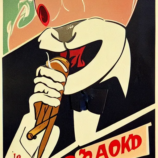 Prompt: a 1 9 3 0's propaganda poster, limited color palette, of a goat skull wearing a tuxedo, smoking a cigar