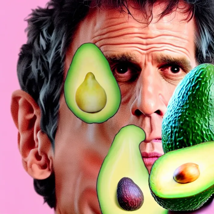 Image similar to ultra realistic illustration of ben stiller in the shape of an a ocado, centered, double exposure, in the lotus position meditating with closed eyes, balancing stack of avocado, symmetrical, beautiful painting