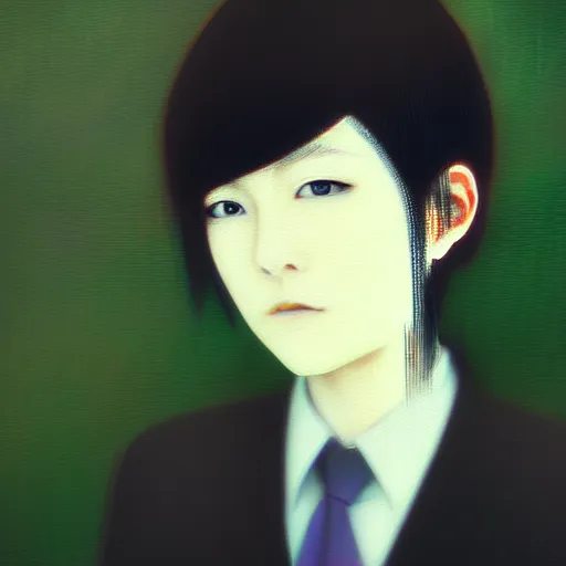 Prompt: yoshitaka amano blurred and dreamy realistic three quarter angle portrait of a young woman with short hair and black eyes wearing office suit with tie, abstract patterns in the background, satoshi kon anime, noisy film grain effect, highly detailed, renaissance oil painting, weird portrait angle, blurred lost edges