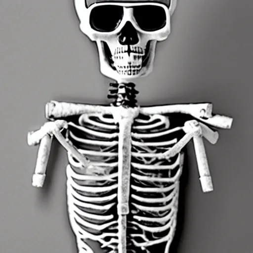 Prompt: photo of a skeleton with sunglasses smoking a cigarette