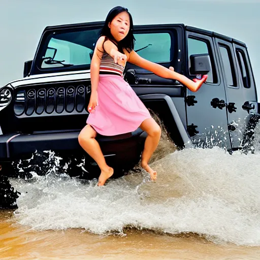 Image similar to an angry asian girl surfing on a black jeep wrangler