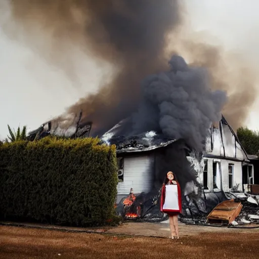 Prompt: a photo of a house burning down in the background and wednesday adams with an eerie expression in the foreground, strong depth of field